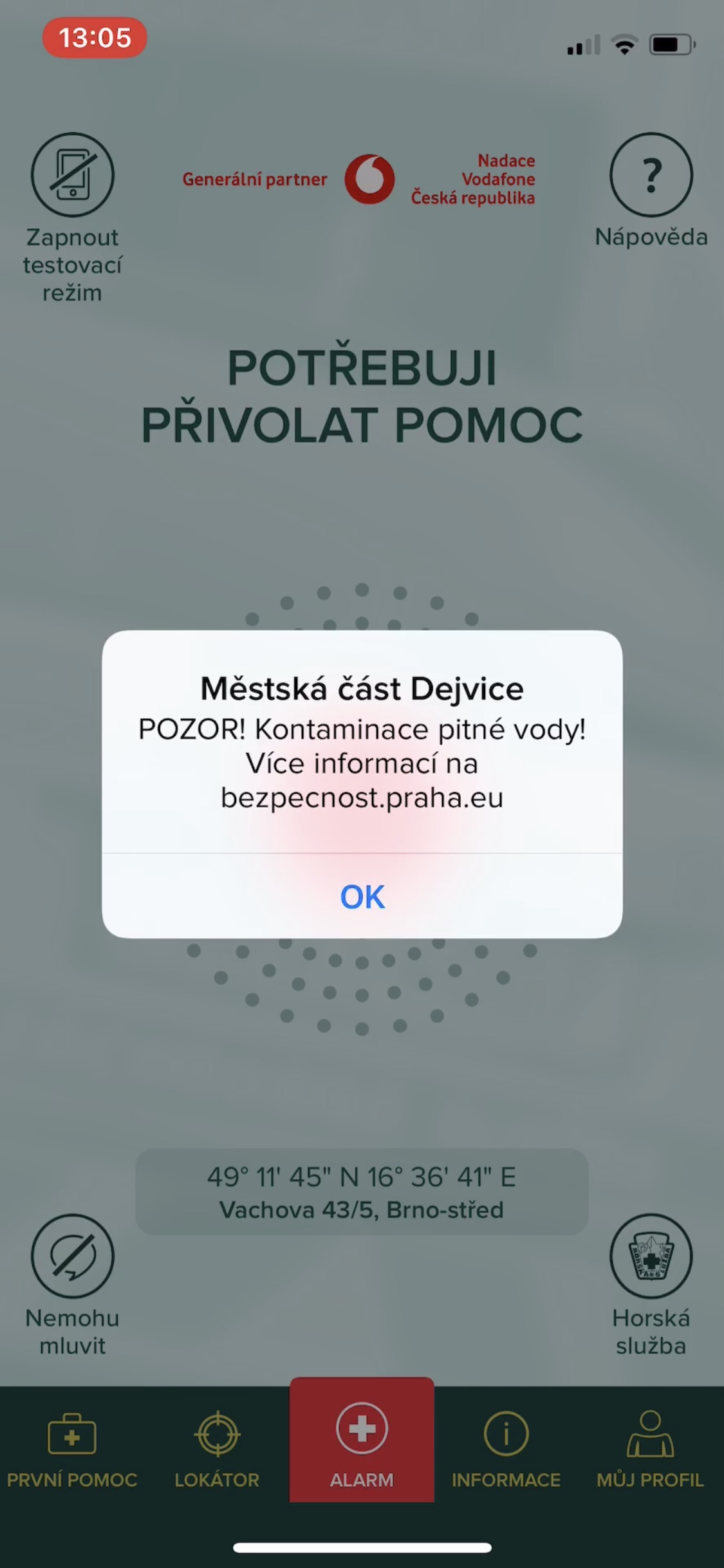 Ukázka varovného upozornění v aplikaci Záchranka